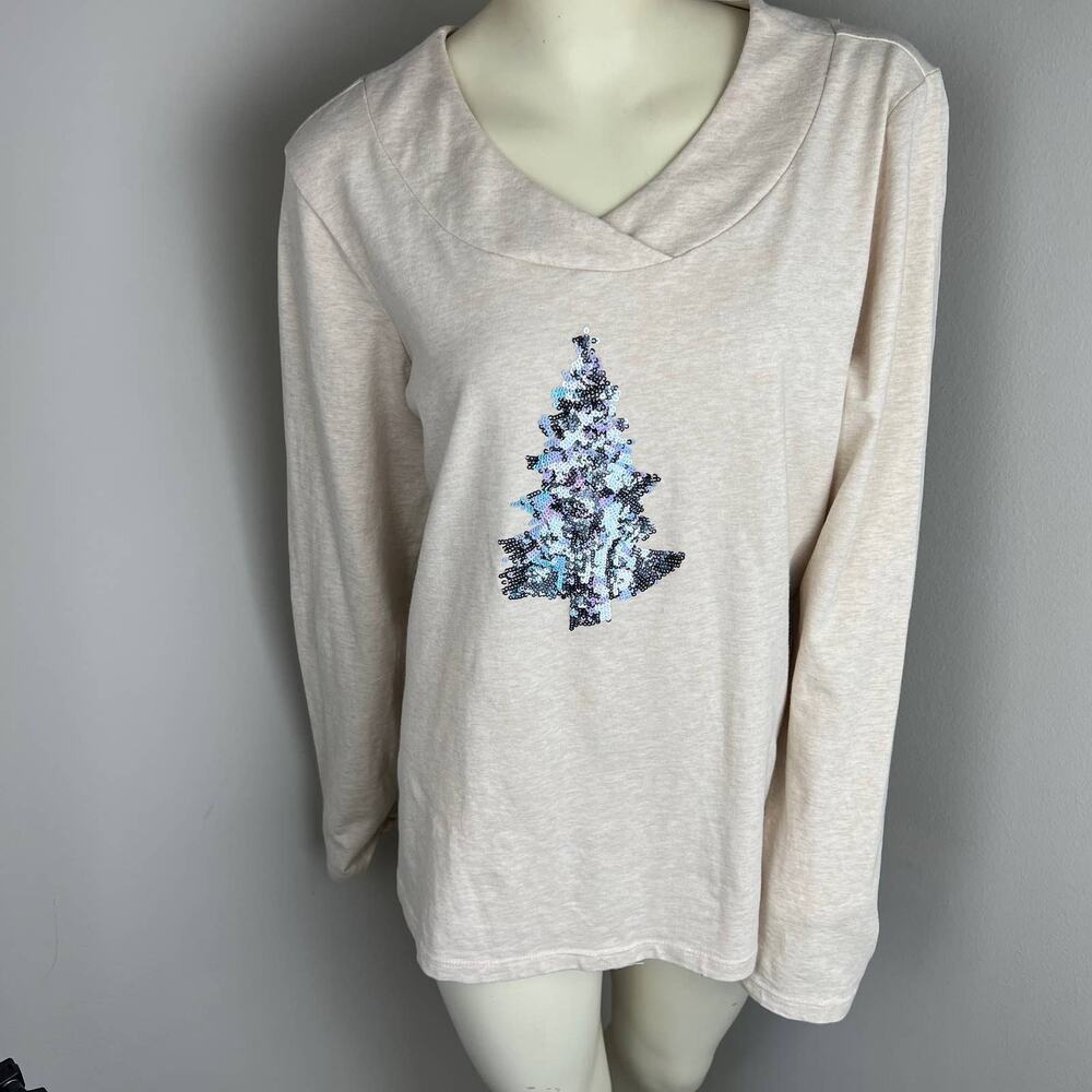 Christopher & Banks Women M Tan Shirt Christmas Tree Silver/Gray Sparkles‎